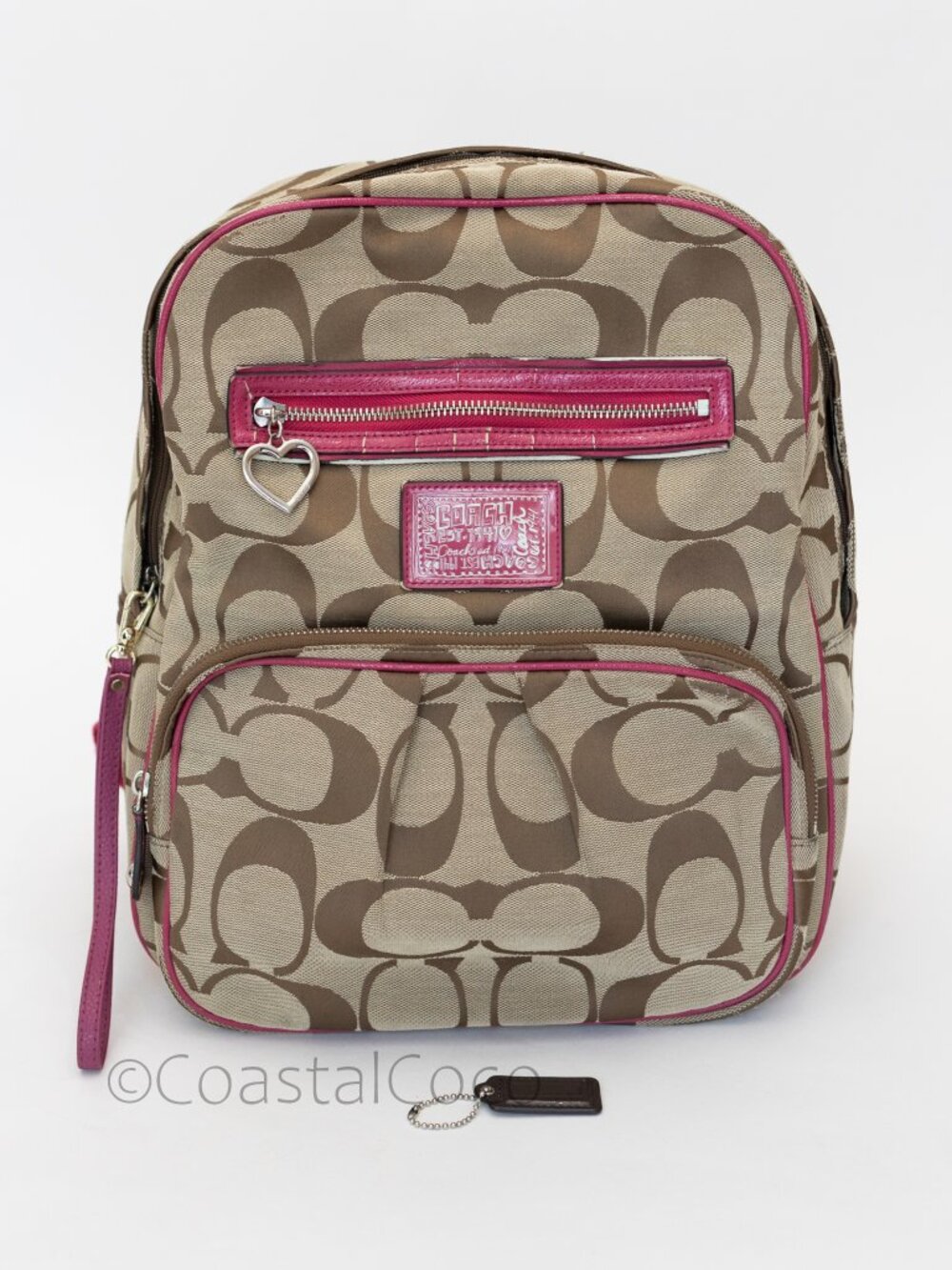 Coach Poppy Signature Canvas Beige & Pink F22948 Backpack + Bonus leather tag